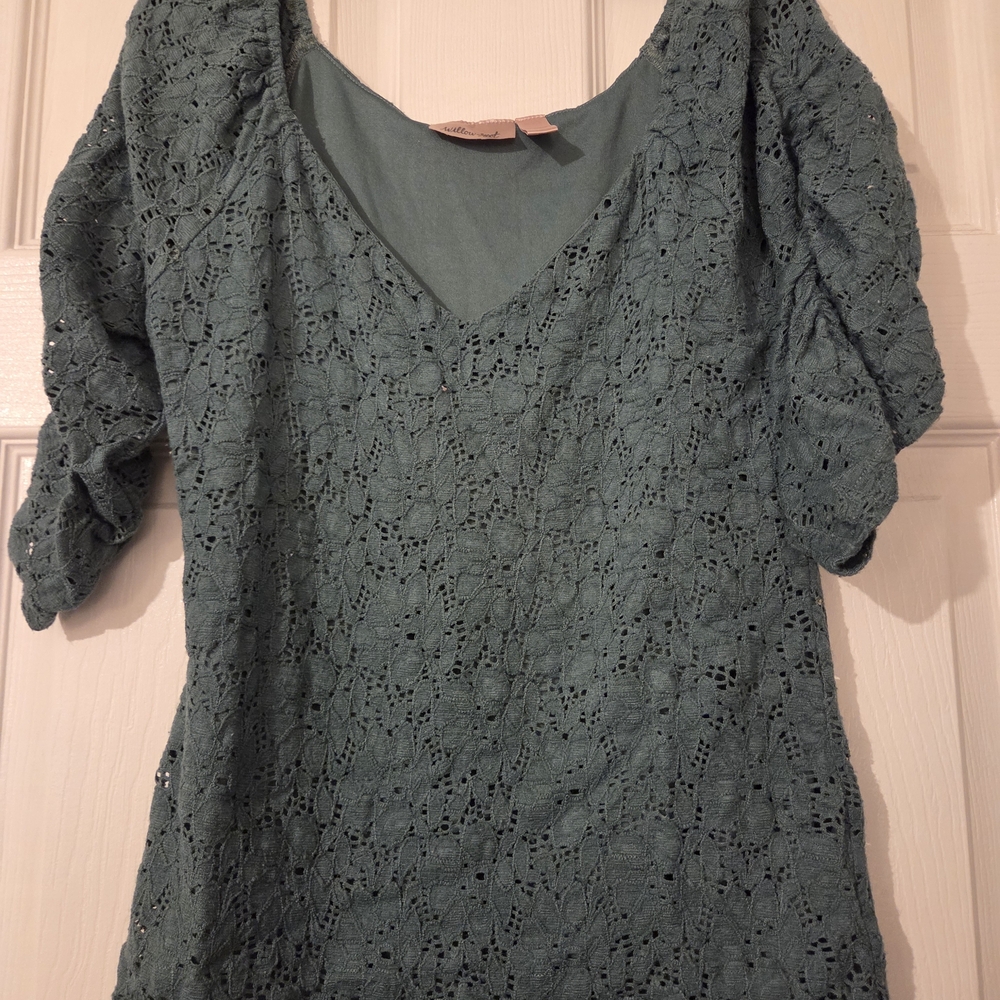 Willow Teal Lace Blouse Puff Sleeve V-Neck Feminine Top Women Small